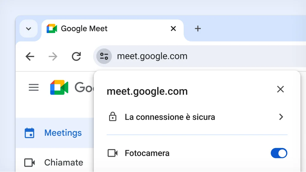 Barra degli indirizzi di Chrome con l'icona Tune selezionata ed espansa per mostrare le opzioni Impostazioni sito relative a meet.google.com