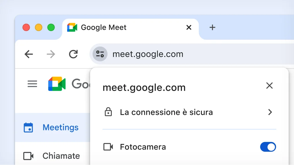 Barra degli indirizzi di Chrome con l'icona Tune selezionata ed espansa per mostrare le opzioni Impostazioni sito relative a meet.google.com