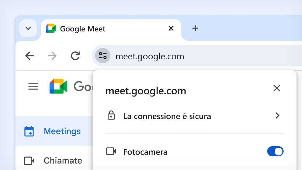 Barra degli indirizzi di Chrome con l'icona Tune selezionata ed espansa per mostrare le opzioni Impostazioni sito relative a meet.google.com