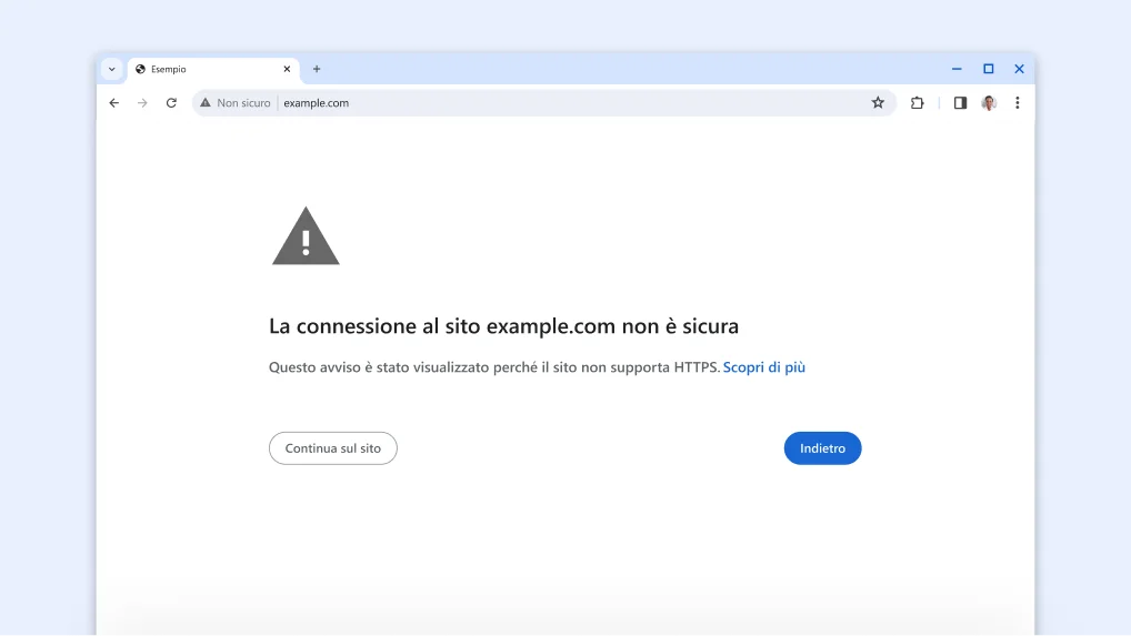 Avviso che indica che la connessione non è sicura.