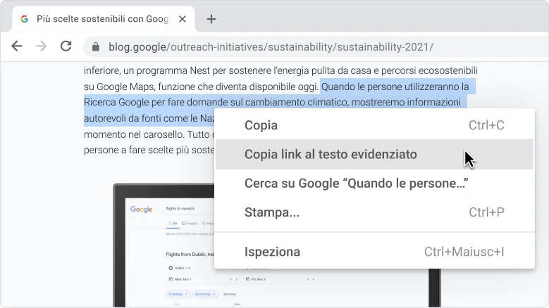 Finestra del browser Chrome in cui si seleziona l'opzione