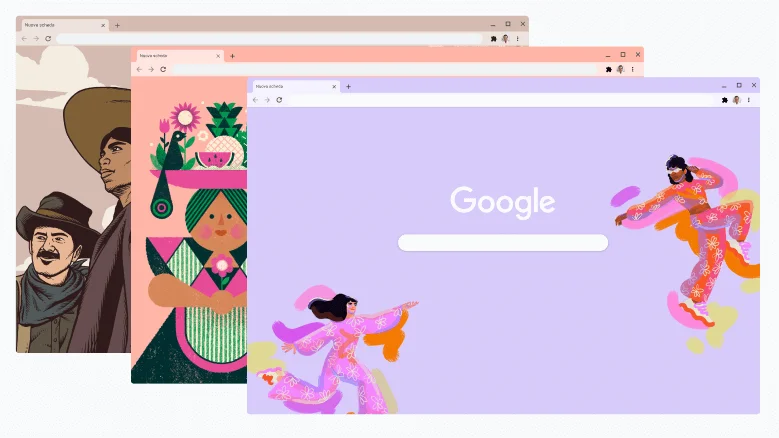 Tre finestre del browser Chrome sovrapposte, ognuna delle quali mostra la home page di Google.com con uno sfondo artistico e un colore diversi.