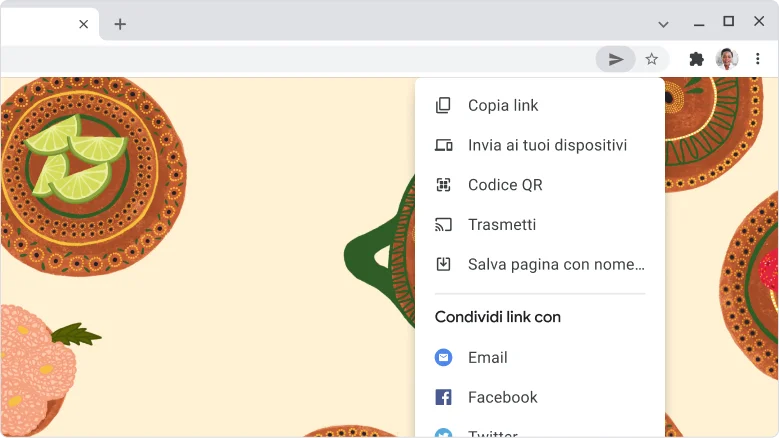 Finestra del browser Chrome in cui è mostrato il menu a discesa delle icone di condivisione nella barra degli indirizzi.