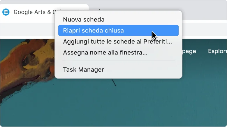 Finestra del browser Chrome in cui è mostrato il menu che compare facendo clic con il tasto destro del mouse sulla tabstrip, con l'opzione 