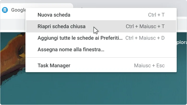 Finestra del browser Chrome in cui è mostrato il menu che compare facendo clic con il tasto destro del mouse sulla tabstrip, con l'opzione 