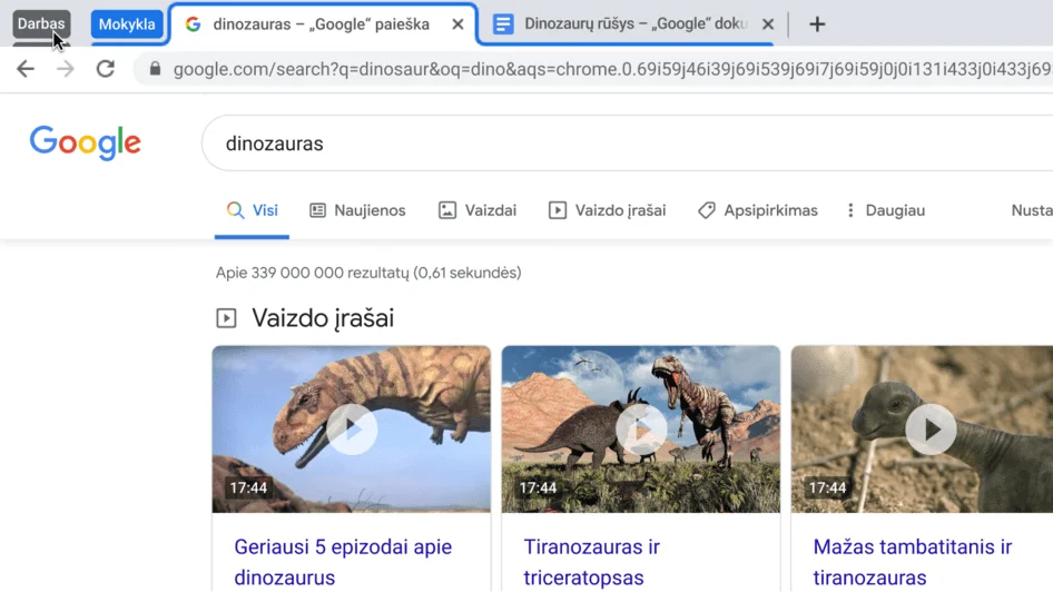 „Chrome“ naršyklės langas, kuriame rodoma sutraukiama skirtukų grupė.
