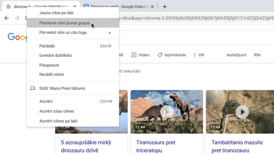 Pārlūka Chrome logs ar dialoglodziņu, kurā tiek rādīta jaunas ciļņu grupas izveide.