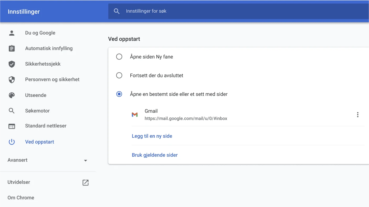 Innstillingsvindu i Chrome-nettleseren som viser Ved oppstart-alternativmenyen.