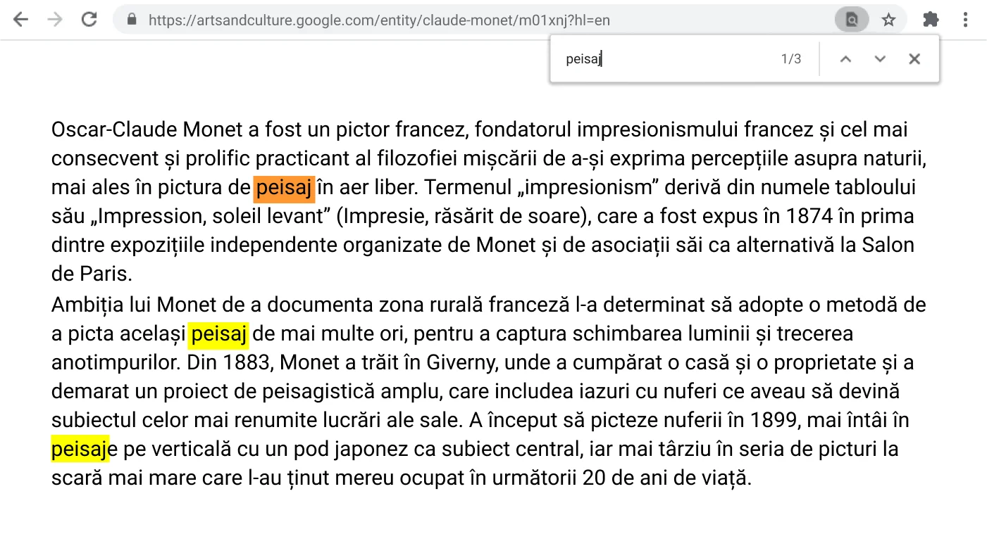 Fereastra browserului Chrome deschisă la o pagină web cu funcția Găsește activă.