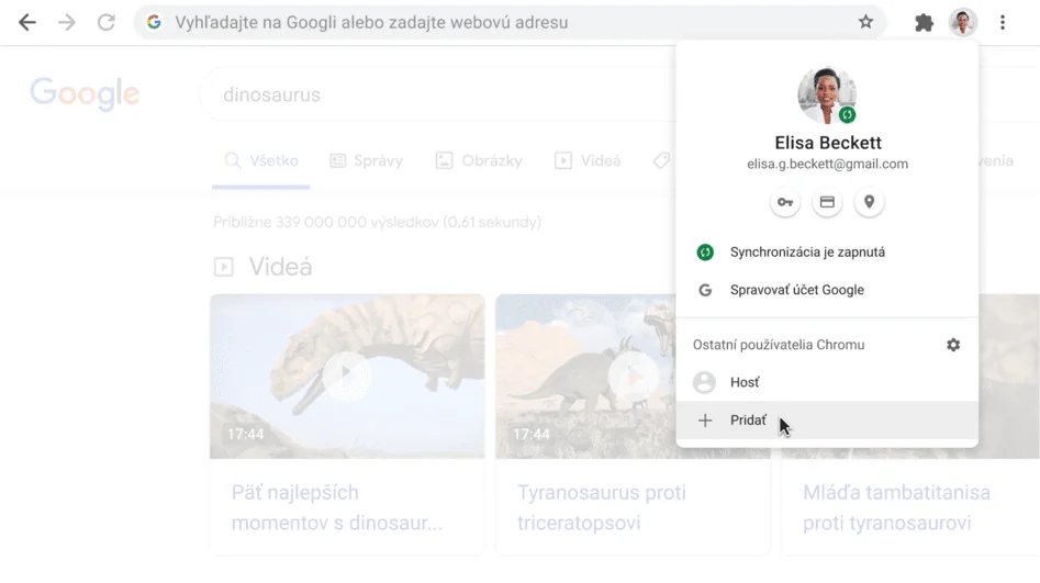 Okno prehliadača Chrome s otvoreným dialógovým oknom Profil.