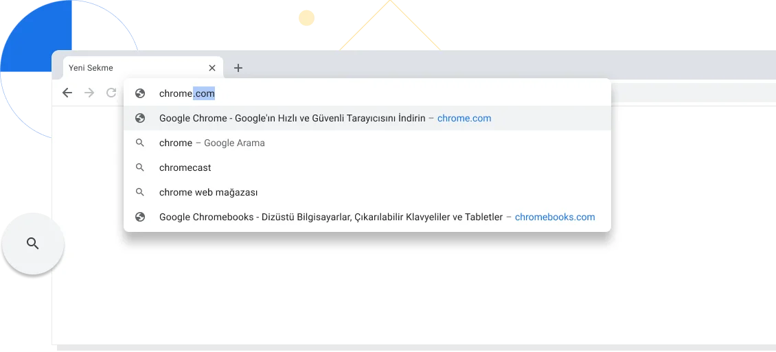 Chrome tarayıcı penceresindeki adres çubuğuna chrome.com adresi girilmiş yeni sekmenin yakınlaştırılmış görünümü.