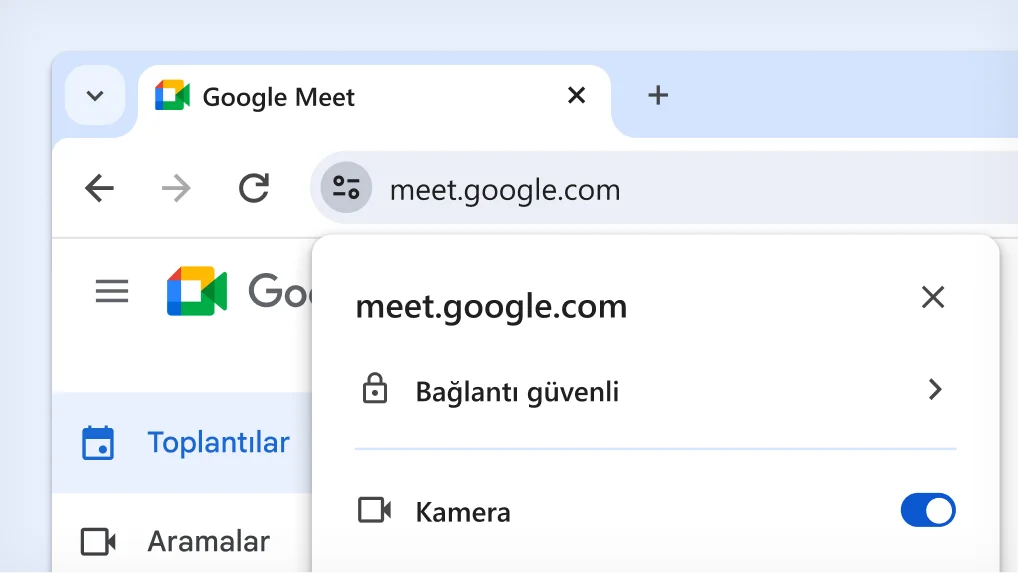 Ayarla simgesinin seçildiği ve meet.google.com site ayarları seçeneklerini gösterecek şekilde genişletilen Chrome adres çubuğu