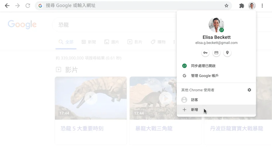 Chrome 瀏覽器視窗上顯示已開啟的設定檔對話方塊。