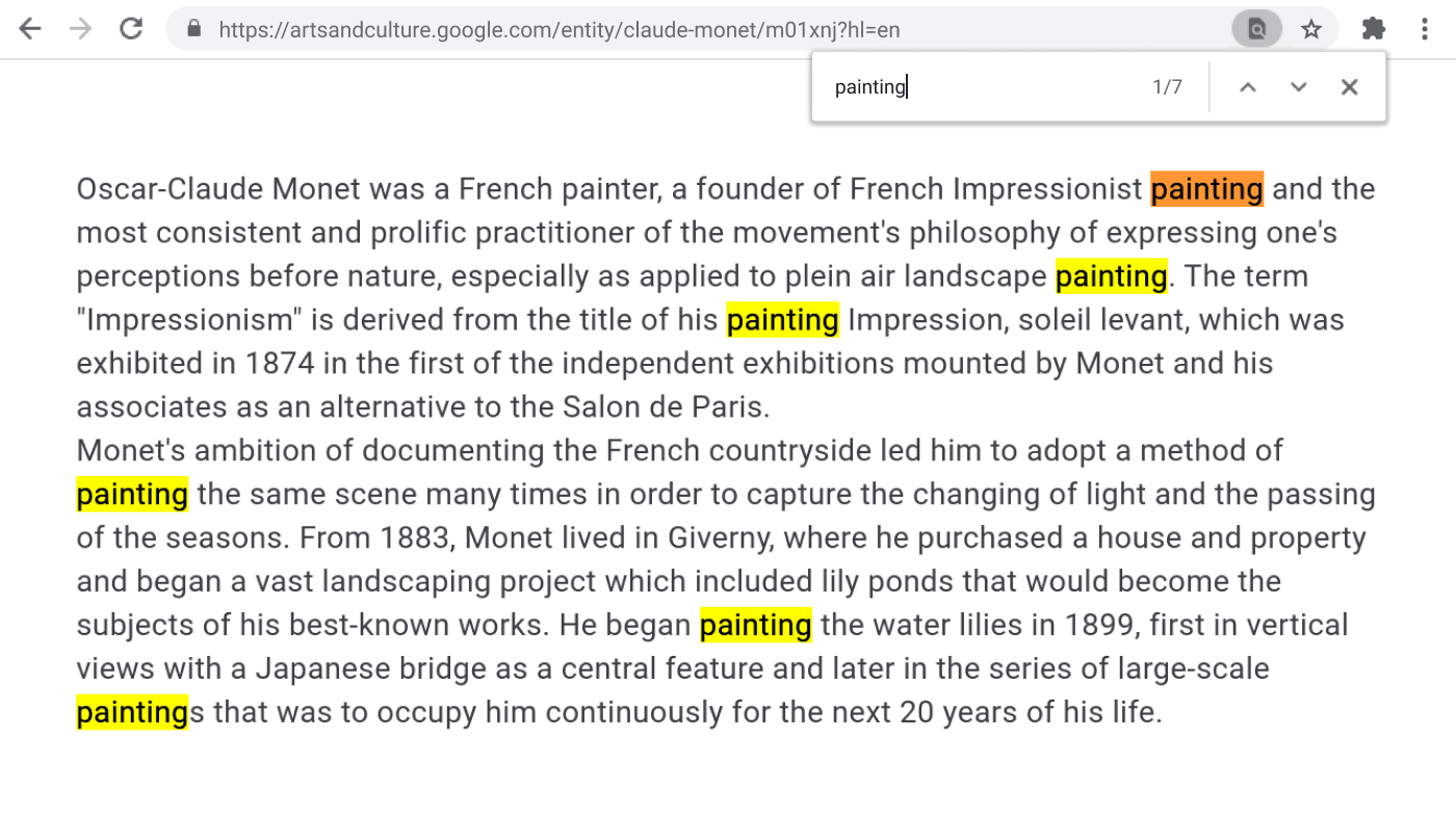 Chrome browser window open to a webpage with the Find function active.