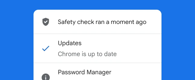 An alert shows that Chrome’s safety check has been completed and the browser is up to date.