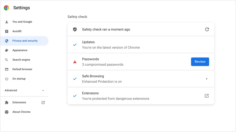 Chrome browser window showing the security and privacy safety check view.