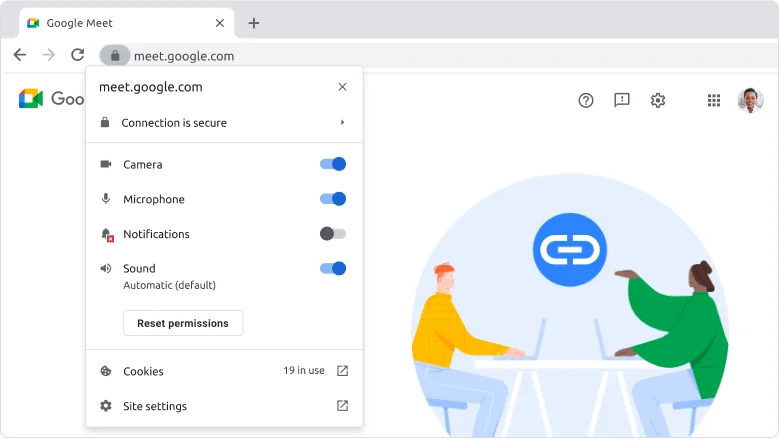 Chrome browser window showing the security panel on the search bar.