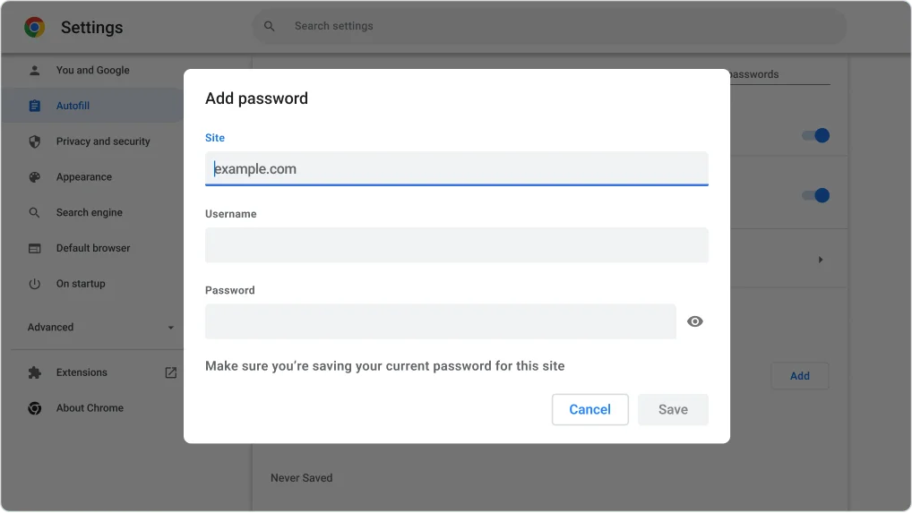 Example of how to manually add a password