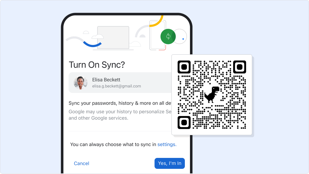 Mobile phone showing how to turn on sync overlayed with a QR code to download Chrome
