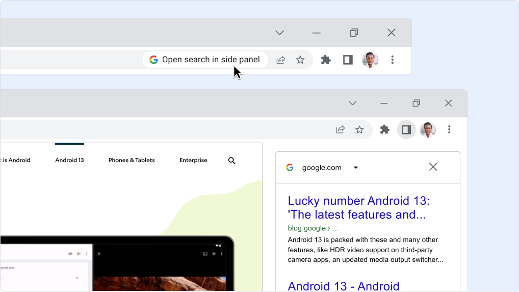 Expanded side panel showing the search results page.