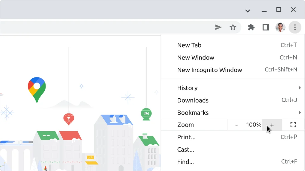 Image of the Zoom controls in Chrome's main menu