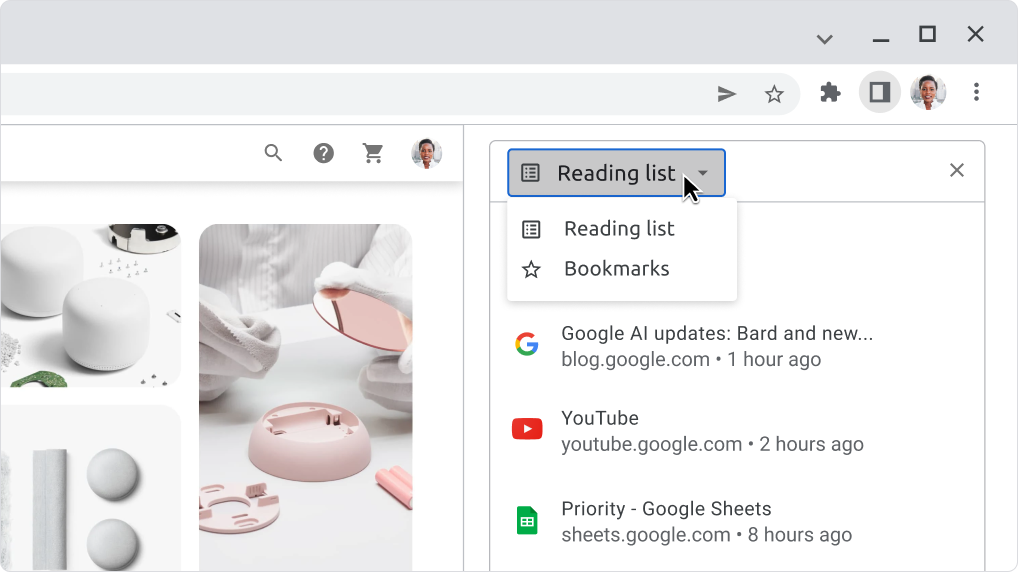 Image of expanded Chrome side panel with reading list selected.