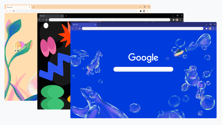 Tre finestre del browser Chrome sovrapposte, ognuna delle quali mostra la home page di Google.com con uno sfondo artistico e un colore diversi.
