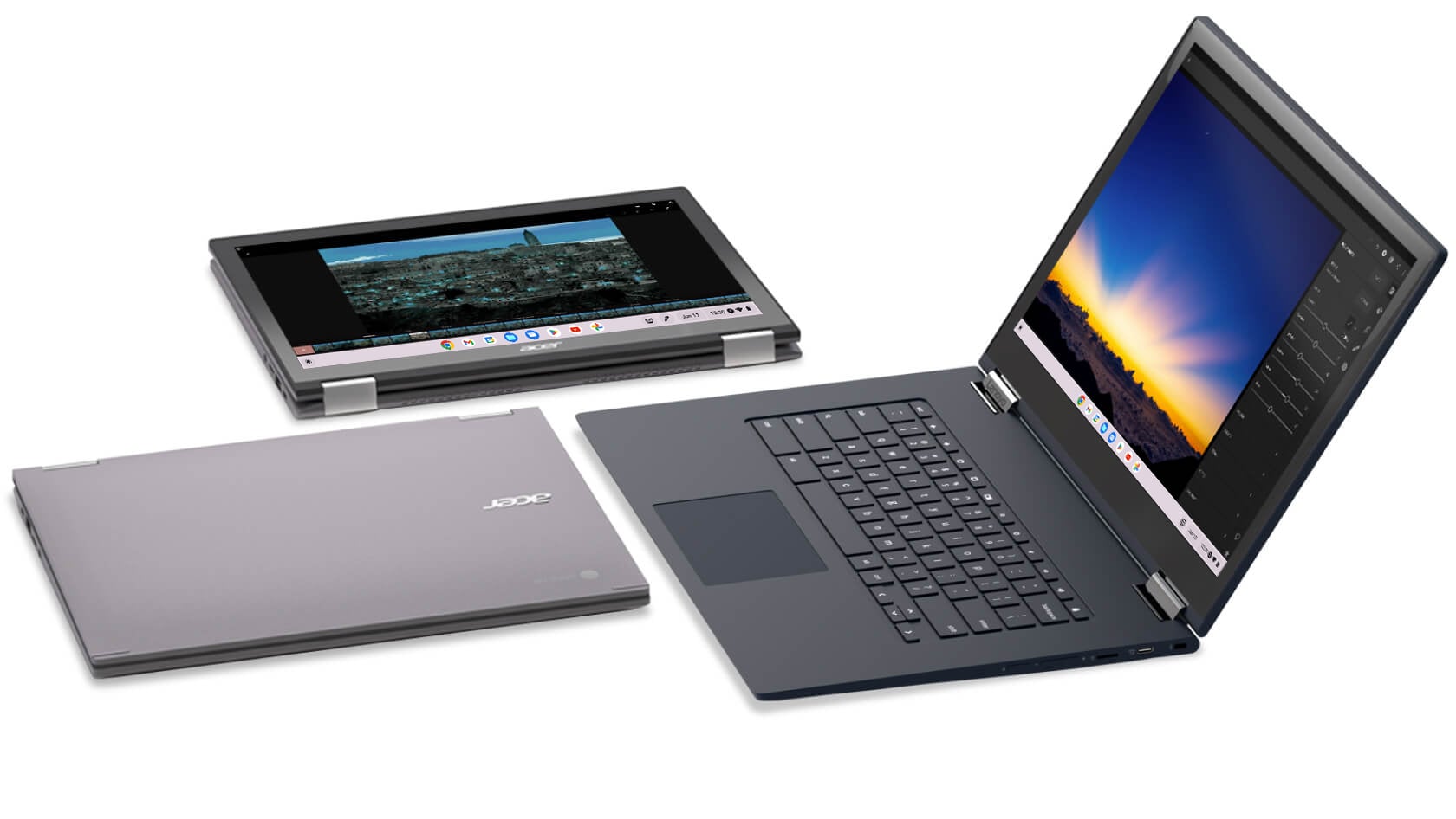 Immagine dall'alto delle tre diverse modalità di un Chromebook convertibile: chiuso, tablet e laptop.