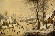 Winter landscape with skaters and bird trap