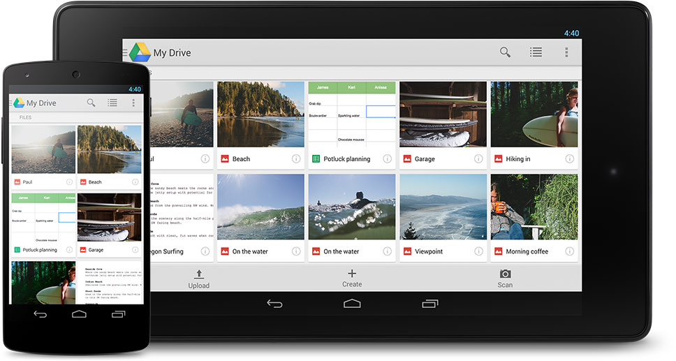  The image shows the appearance of Google Drive on mobile phones and devices