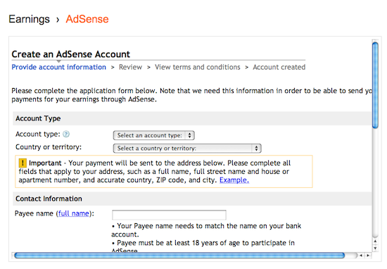ฟอร์มสำหรับ AdSense