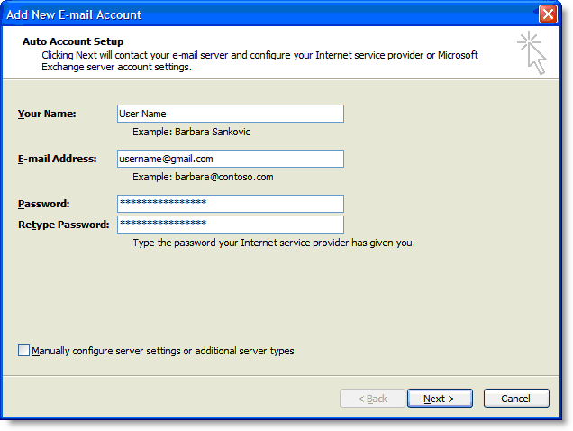 how to set up outlook for gmail address