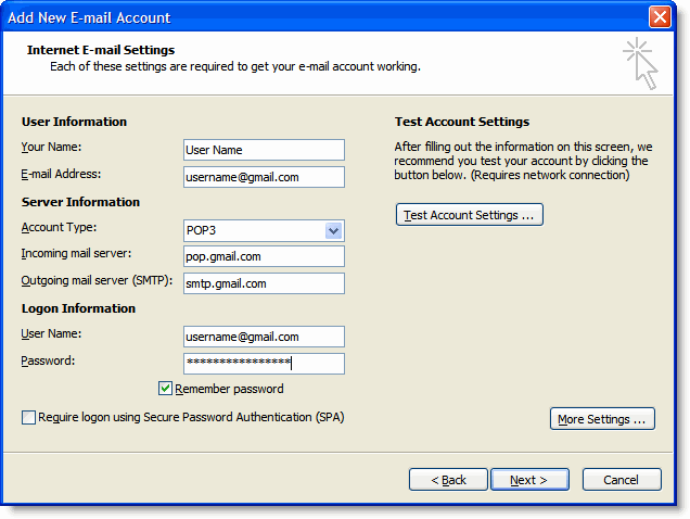 gmail server settings for outlook 2010