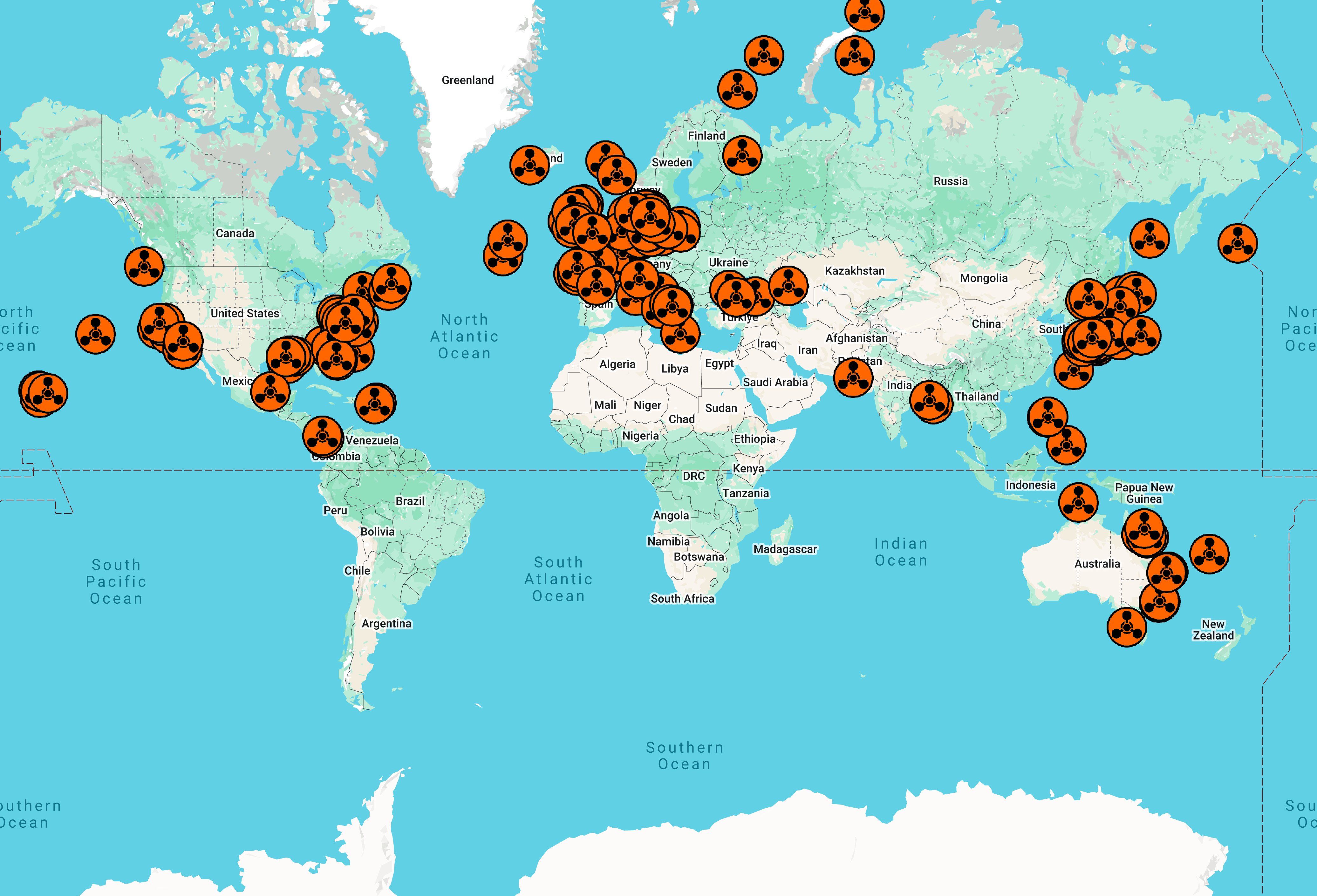 Mappa con indicate le aree di scarico delle armi chimiche in seguito alla seconda guerra mondiale. 
