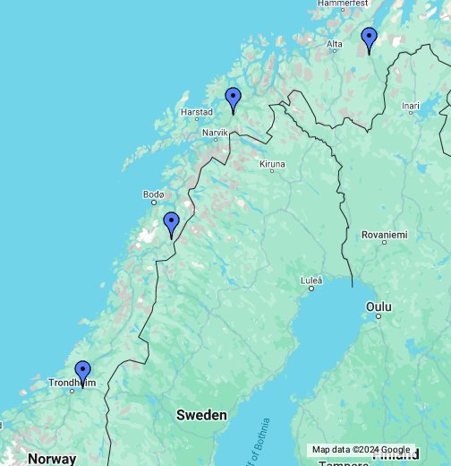 Fra Værnes til Porsanger – Google My Maps