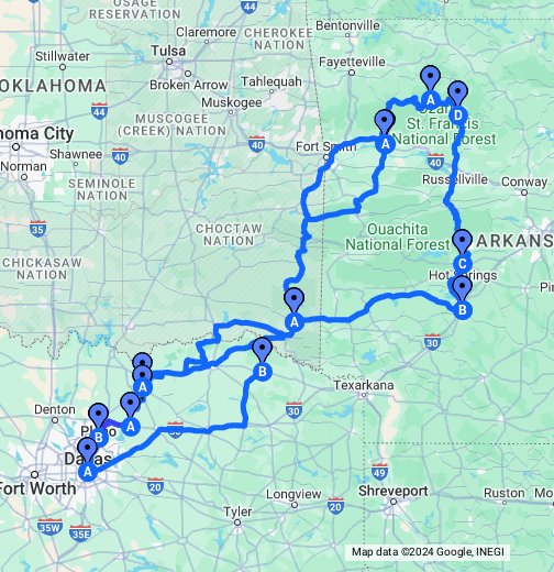 Driving routes from Oklahoma to Arkansas on a map