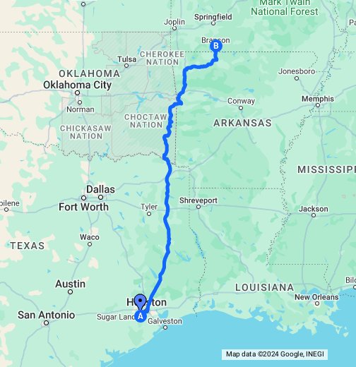 Driving directions from Bentonville, AR to Branson, MO are shown on a map