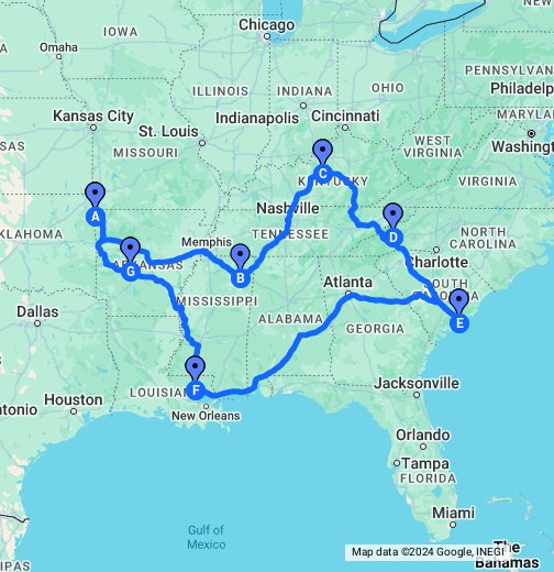 Directions from Indiana to Arkansas on a map