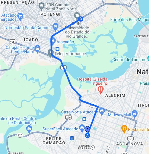 Rota de carro para Secretaria Municipal de Saúde Distrito Sanitário Norte  Centro Clínico Asa Norte, Avenida Doutor João Medeiros Filho - Natal - RN -  Google My Maps